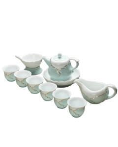SUSHI CERAMICS Tea Set - Memory Lotus Ceramic Kungfu Tea Set, Celadon Hand-Painted Gold-Traced Teacup and Teapot Set, Mid-Autumn Festival Gift Box
