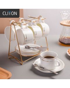 CLITON Coffee Cup and Saucer Set, European-style Gold-rimmed Ceramic Cups, Western Tea Cups, Breakfast Cups, Milk Cups, 6 Cups & 6 Saucers with Cup Holder