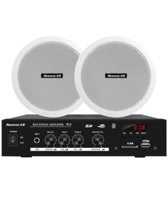 Newmine R12 Ceiling Speaker Set with Bluetooth Constant Voltage Amplifier for Public Broadcasting, Home Living Room, Commercial Meetings, Shops, Background Music, Recessed Hidden Ceiling Speakers (1 Amplifier Drives 2 Speakers)