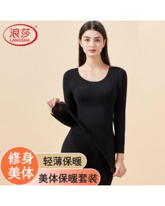 Langsha Women's Seamless Thin Thermal Underwear Set, Medium Thickness for Autumn and Winter, Slimming Base Layer, Black M