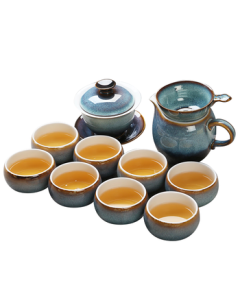 SUSHI CERAMICS Kung Fu Tea Set, New Kiln-Transformed Silver-Glazed Tea Cup, Three-Talent Lidded Bowl, 13-Piece Gift Box G76264-1