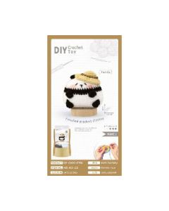 Crochet panda ornament in a cowhide bag with tools for making
