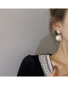 Pearl Earrings S925 Silver Pin Square Diamond Geometry