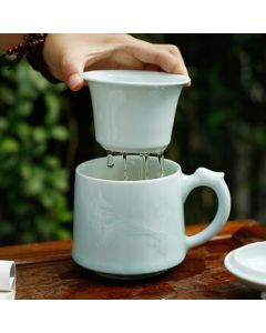 Changnan Tea Cup Jingdezhen Ceramic Carved Tea Infuser Cup with Lid and Dragon Spout Orchid Design Office Tea Set
