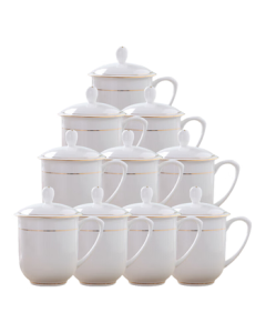 Taoxianghui Bone China Tea Cup Set - 10-Piece Office Meeting Ceramic Lidded Cups for Business and Office Use