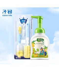 Zichu Baby Bottle & Fruit Vegetable Cleaner 250ml + 6-Piece Multi-Function Baby Bottle Cleaning Brush Set with Descaling Agent