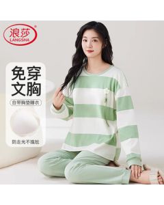 Langsha Women's Pajama Set with Built-in Bra, Simple Round Neck Long Sleeve Cotton Loungewear for Spring and Autumn, Light Green