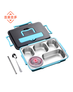 Jimeijiduo Large Five-Compartment + Utensils + Bowl CADWG 304 Stainless Steel Lunch Tray Sealed Compartment Meal Container (Random Color)