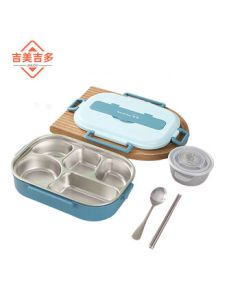 Jimmy Jiduo 316 Stainless Steel Lunch Box for Office Workers [Elegant Blue Five Compartments + Utensils + Soup Bowl]
