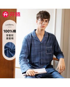 Fenteng Men's Cotton British Style Checkered National Collar Long-Sleeve Pajamas Homewear
