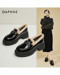 Daphne Versatile Fleece Loafer Women's Winter Fashion Simple Chunky Heel Mid Heel Leather Shoes Cotton Shoes Black/Fleece Lined 35