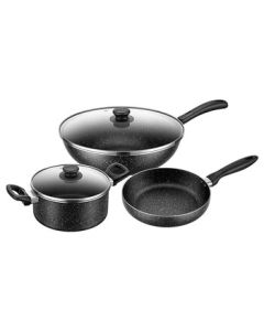 SUPOR Cookware Set Starstone Non-Stick Frying Pan, Skillet, Milk Pot, Soup Pot with Deepened Design, Wear-Resistant, Black, 3-Piece Set