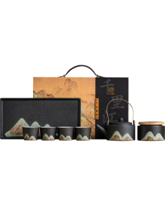 SUSHI CERAMICS Hand-Painted Kungfu Tea Set with Carrying Handle Teapot, Dry Tea Tray, and Tea Canister - 7-Piece Mid-Autumn Festival Gift Box J0182