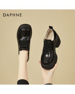 Daphne Women's High-Heeled Loafers British Style Thick-Soled Comfortable Fashion Soft Leather Versatile Chunky Heel Dress Shoes Black 37
