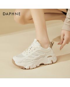 Daphne Platform Mesh Sports White Sneakers for Women, Comfortable Soft-Soled Versatile Height-Increasing Casual Dad Shoes, Beige, 38