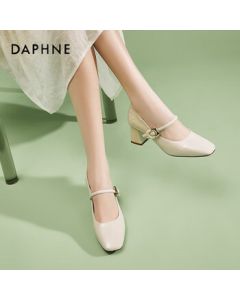 Daphne French Mary Jane Shoes Women's Chunky High Heel One-Strap Dress Shoes Commuting Soft Sole Flats Beige Size 37