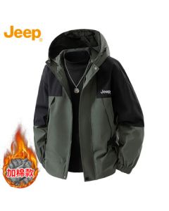 JEEP Men's Jacket, Autumn and Winter Workwear Loose Windbreaker Unisex Couple Outfit, Dark Green Cotton-Lined XL