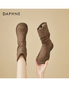 DAPHNE Dafni Mallard Fur-Lined Retro Boots for Women, Wasteland Style Chunky Heel Stacked Western Fashion Mid-Calf Boots, Brown, Size 35