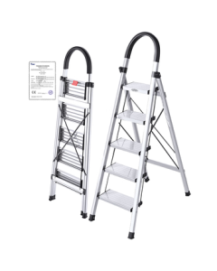 DuPont (DU PONT) Home Folding Aluminum Ladder, Thickened A-Frame Ladder, Climbing Step Safety Ladder with Handrail, 5-Step Silver