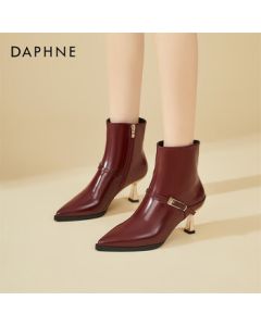 DAPHNE Elegant Pointed-Toe Stiletto Heel Ankle Boots for Women, Red Fashion Boots with Fleece Lining, Slim Fit Boots, Burgundy, Size 38