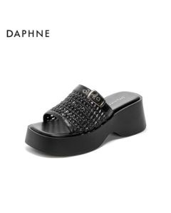 Daphne Summer New Thick-Soled Slingback Sandals Hollow Knit Casual Sandals 4025303321 Black 38
