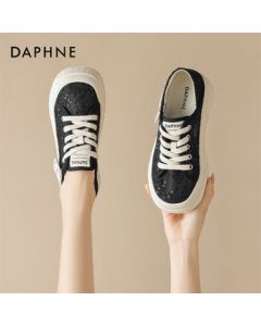 DAPHNE Women's Canvas Shoes Thick-Soled Breathable Mesh Sneakers for Girls and Students - Black Size 39