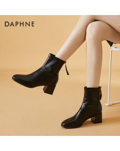 DAPHNE Women's Fashion Boots with Chunky Heel, Versatile Slim Boots, Stylish Rear Zipper Fleece-Lined Ankle Boots, Black Glossy, Size 40