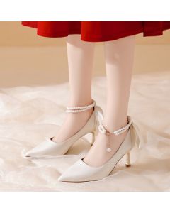 Daphne French Satin Wedding Shoes Elegant Bride Bridesmaid Shoes Daily Wearable Stiletto Heels Coming-of-Age High Heels - Beige, Size 39