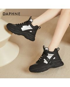 DAPHNE Women's High-Top Sneakers with Fleece Lining, Casual Chunky Dad Shoes for Petite Women, Versatile Lightweight Platform Sports Shoes - Black Silver, Size 38