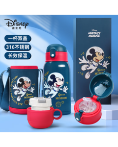 Disney Kids Insulated Cup with Straw and Sip Lid, 316 Stainless Steel, Large Capacity, Comes with Cup Sleeve, Dual Lids for Two Uses, 650ml Mickey Mouse Design