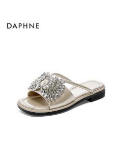 Daphne Women's Summer Sandals with Bow and Rhinestones, Flat Open-Toe Slippers for Outdoor Wear 4025303424, Champagne, Size 36