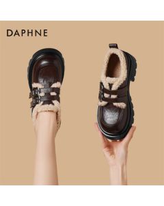 Daphne Women's Cotton Shoes Winter Thick-Soled Fleece-Lined Loafers British Style Shoes 4024607119 Brown 35