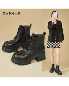 DAPHNE Fashion Chunky Heel Martin Boots for Women, Winter Fleece-Lined British Versatile Short Boots with High Heels for Petite Women, Black, Size 40