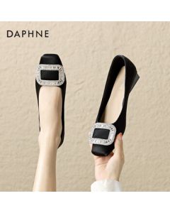 DAPHNE French Versatile Commuter Boat Shoes for Women, Elegant Fashion Rhinestone Square Buckle Evening Style Low-Cut Flats - Black, Size 38