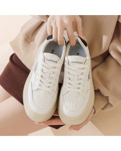 Daphne Star White Sneakers for Women, Autumn Korean Style Thick-Soled Casual Plimsolls Platform Shoes, Silver-White, Size 35