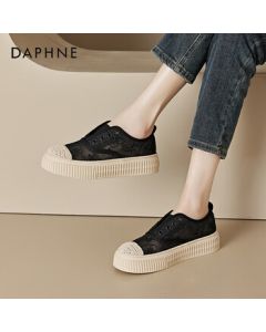 Daphne Platform Fisherman Shoes for Women - Versatile Soft-Sole Canvas Slip-Ons with Breathable Mesh in Beige/Black, Size 35