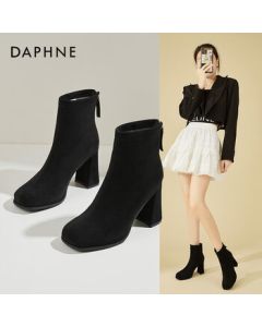 Daphne Stylish Suede Fashion Boots for Women - Chunky Heel, High Heel, Plush Lined Slimming Ankle Boots, Black, Size 39