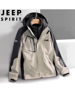 JEEP SPIRIT Men's Spring/Fall Hooded Jacket Outdoor 3-in-1 Sports Coat - Khaki, 3XL
