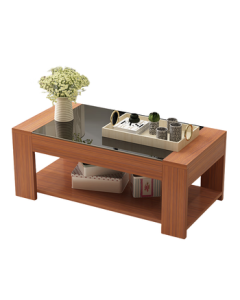 Yameile Coffee Table, Simple Modern Living Room Small Space Tempered Glass Wooden Double-Layer Coffee Table, Teak Color