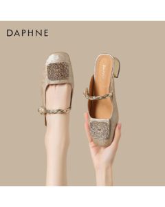 Daphne Women's Chinese Print Block Heel Mule Sandals Slippers 4024303237 Champagne 40