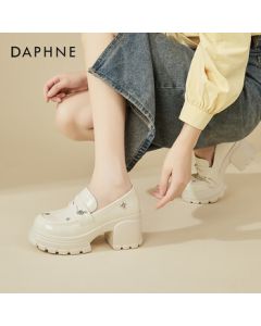 DAPHNE Women's Chunky Heel Versatile Loafers - Fashion British Style Rhinestone Star High Heel Leather Shoes - Beige - Size 34