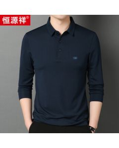 Hengyuanxiang Long Sleeve T-Shirt Men's Polo Collar with Mulberry Silk, Spring and Autumn Men's Clothing, Navy Blue XL 180/96A