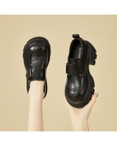 Daphne Chunky Heel High Heel Deep V Loafers Women's Fashion Versatile Soft Leather Flats Shoes Black 35