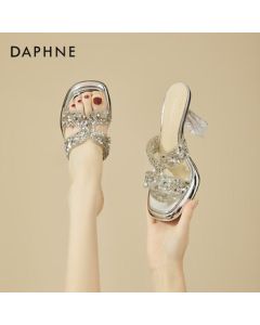 Daphne Chunky Heel Sandals for Women, Summer Fashion Strappy Gladiator Sandals with Rhinestones, Versatile Silver Slide Sandals, Size 40