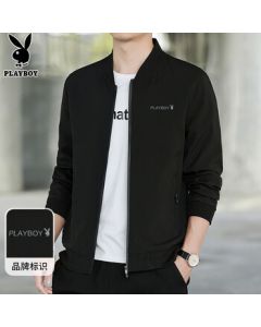 PLAYBOY Men's Jacket, Casual Trendy Slim Fit Baseball Coat for Spring and Autumn, Black, 2XL