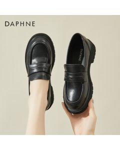Daphne Women's Loafers Retro Soft Sole Chunky Heel Slip-On Leather Shoes 422104542 Black 38