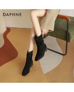 Daphne Women's Western Cowboy Boots, Autumn/Winter Fashion Mid-Cuff Stacked Boots, Retro Ankle Boots, Black, Size 39