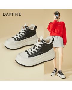 Daphne Platform High-Top Sneakers for Women, Winter Fleece-Lined Warm Cotton Shoes, Versatile Height-Increasing Casual White Sneakers, Black, Size 36