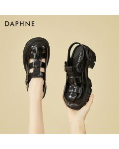 Daphne Simple Casual Closed-Toe Roman Sandals for Women, Summer Chunky Heel Versatile Hollow Knit Peep-Toe Shoes, Black, Size 40