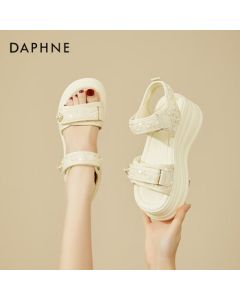 Daphne Platform Sport Sandals for Women, Summer Fashion Glitter Strappy Height-Increasing Sandals with Hook-and-Loop Closure, Beige, Size 40